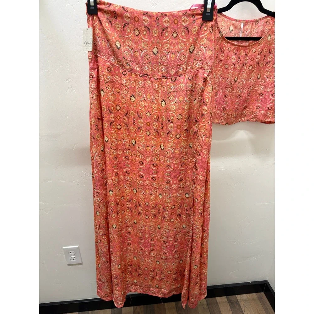 Free People Candy Combo Pink Orange Paisley Crop Top & Maxi Skirt Set Size 0 NWT